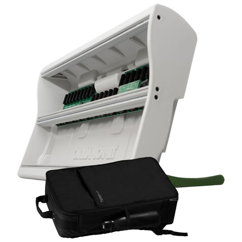 Collage showing components in Tiptop Audio Mantis Eurorack Modular Synthesizer Case - Green CARRY BAG KIT