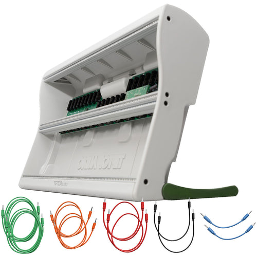 Collage showing components in Tiptop Audio Mantis Eurorack Modular Synthesizer Case - Green CABLE KIT