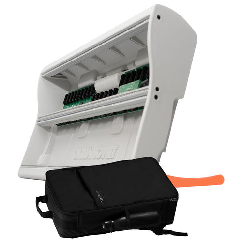 Collage showing components in Tiptop Audio Mantis Eurorack Modular Synthesizer Case - Orange CARRY BAG KIT