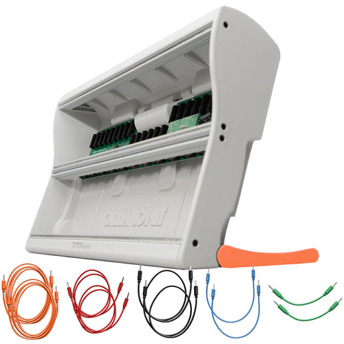 Collage showing components in Tiptop Audio Mantis Eurorack Modular Synthesizer Case - Orange CABLE KIT