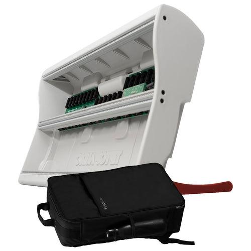 Collage showing components in Tiptop Audio Mantis Eurorack Modular Synthesizer Case - Red CARRY BAG KIT