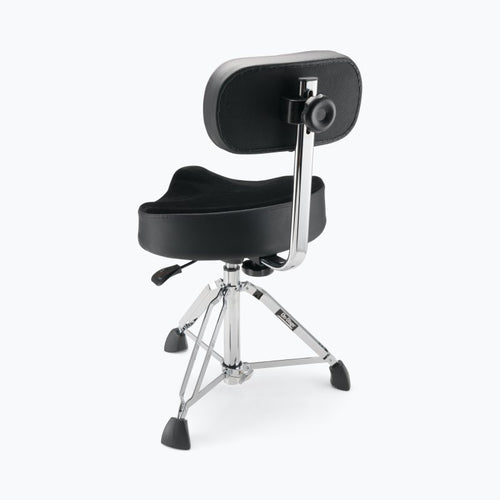 On-Stage Hydraulic Drum Throne rear three-quarter view showing padded back rest, saddle seat, and double-braced chrome base