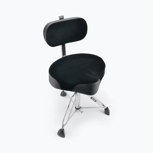 High-angle view of the On-Stage drum throne highlighting the wide saddle seat and back rest