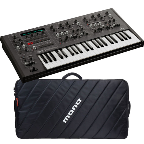Collage showing components in UDO Audio DMNO 8-Voice Polyphonic Keyboard Synthesizer - Black CARRY BAG KIT