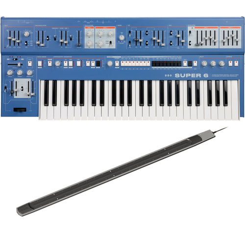 Collage showing components in UDO Audio Super 6 12-Voice Polyphonic Keyboard Synthesizer - Blue RIBBON KIT