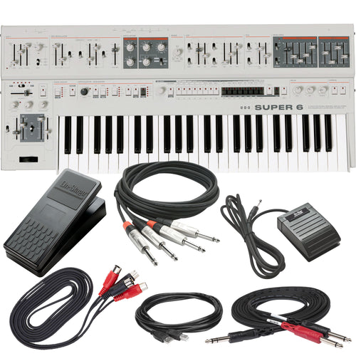 Collage showing components in UDO Audio Super 6 12-Voice Polyphonic Keyboard Synthesizer - White CABLE KIT