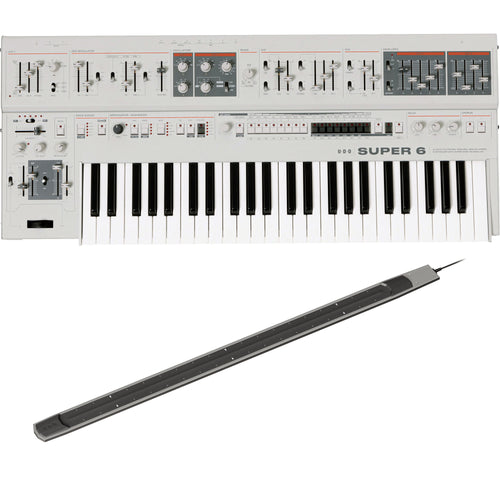 Collage showing components in UDO Audio Super 6 12-Voice Polyphonic Keyboard Synthesizer - White RIBBON KIT