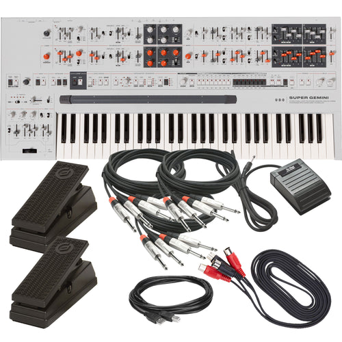 Collage showing components in UDO Audio Super Gemini 20-Voice Bi-Timbral Keyboard Synthesizer CABLE KIT