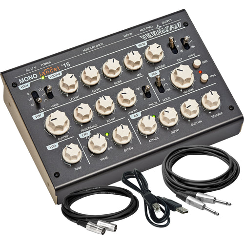 Collage showing components in Vermona Mono Lancet '15 Monophonic Analog Desktop Synthesizer CABLE KIT