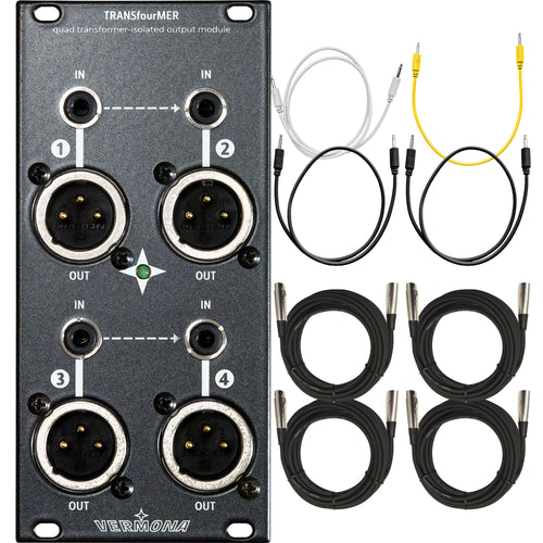 Collage showing components in Vermona TRANSfourMER Quad Transformer-Isolated Output Eurorack Module CABLE KIT