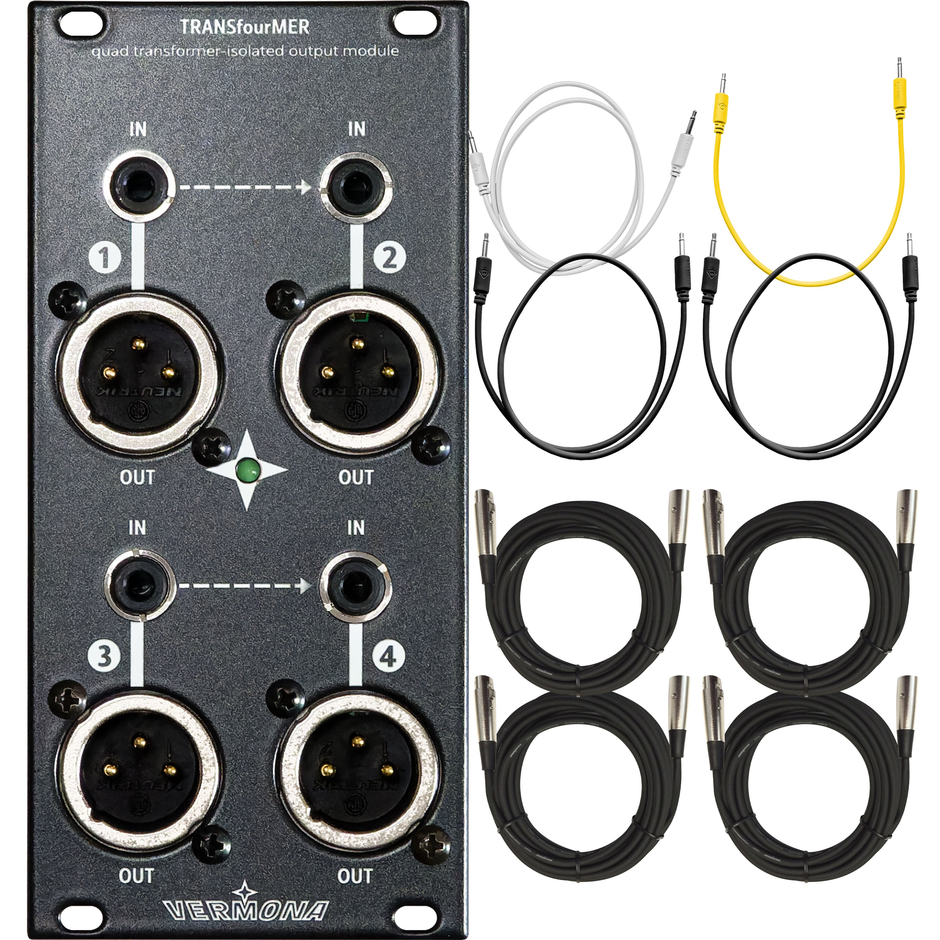 Collage showing components in Vermona TRANSfourMER Quad Transformer-Isolated Output Eurorack Module CABLE KIT