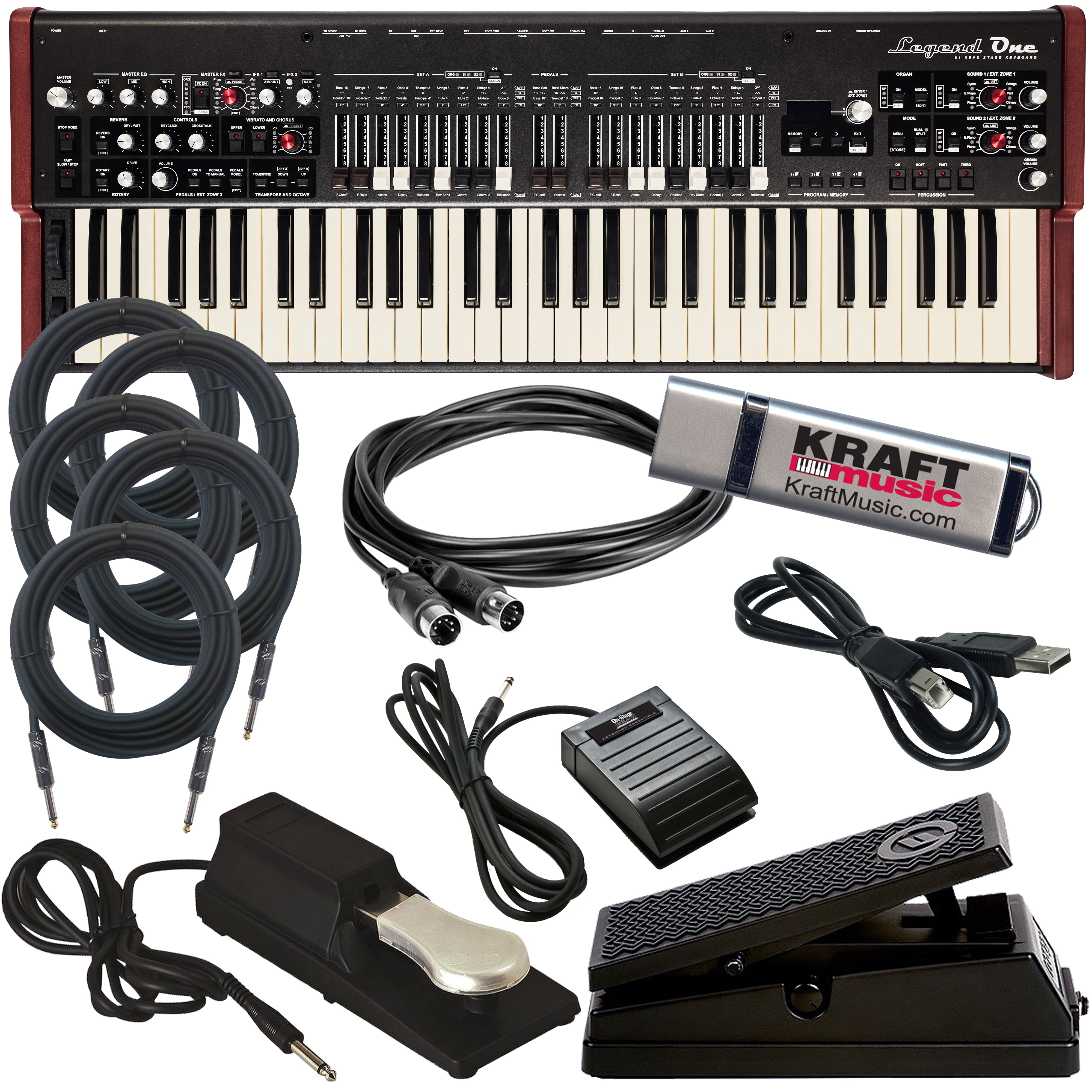 Collage of everything included in the Viscount Legend One 61 CABLE KIT