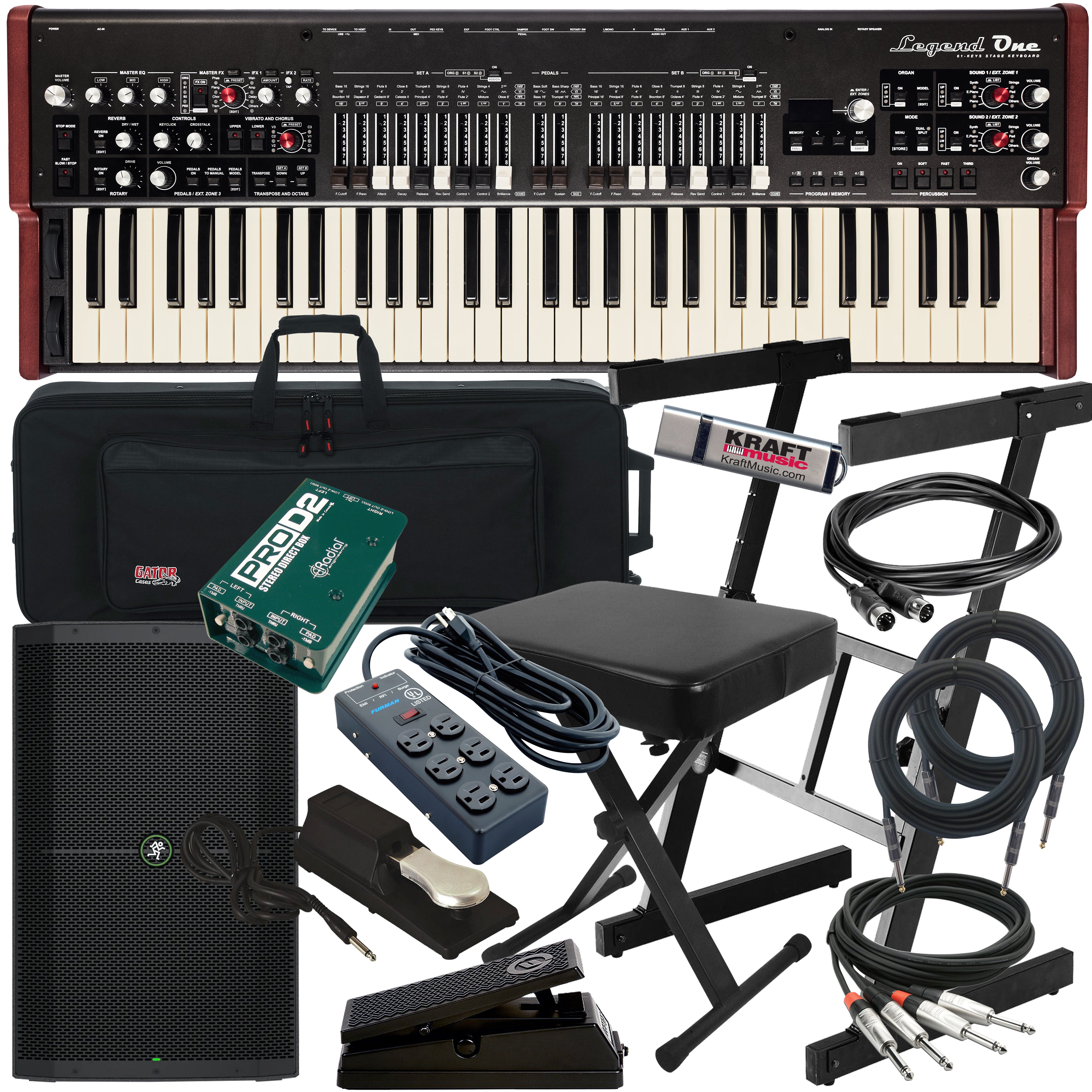 Collage of items included in the Viscount Legend One 61 Stage Keyboard COMPLETE STAGE BUNDLE