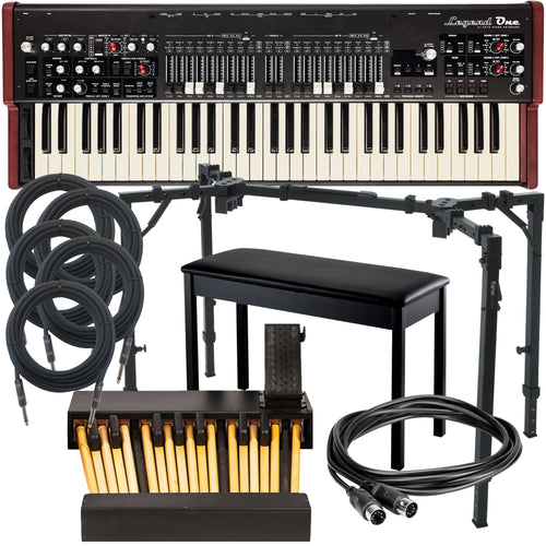 Collage of everything included in the Viscount Legend One 61 PEDAL ESSENTIALS BUNDLE