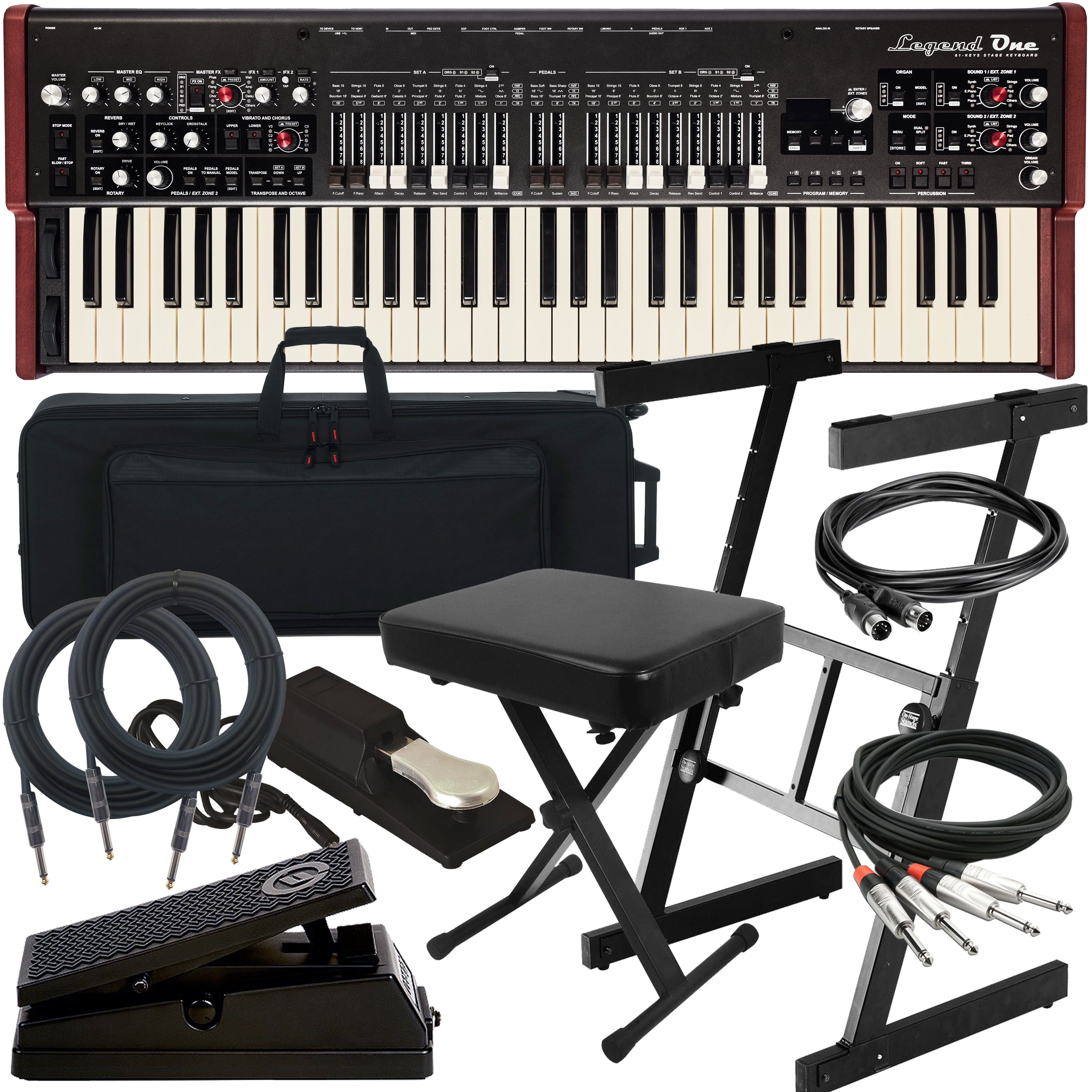 collage of items included in the Viscount Legend One 61 Stage Keyboard STAGE ESSENTIALS BUNDLE