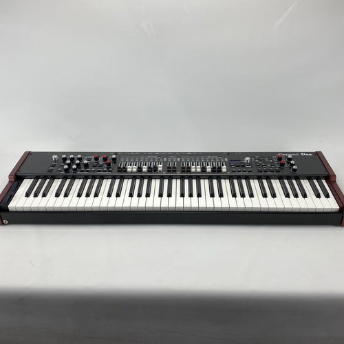 Viscount Legend One 73 stage keyboard shown from the front on a white background, with its control panel of knobs, sliders, and drawbars above a 73-note waterfall keybed and reddish-brown wooden side panels.