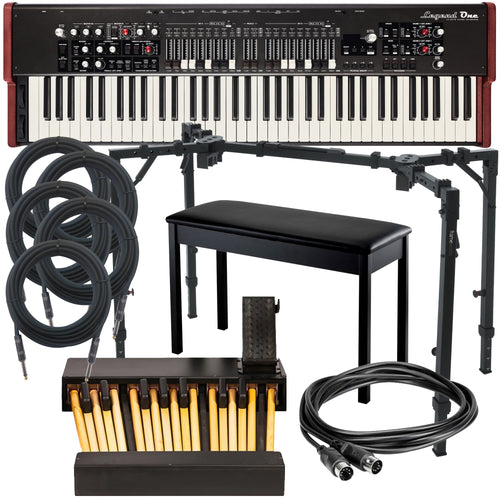 Collage of everything included in the Viscount Legend One 73 PEDAL ESSENTIALS BUNDLE