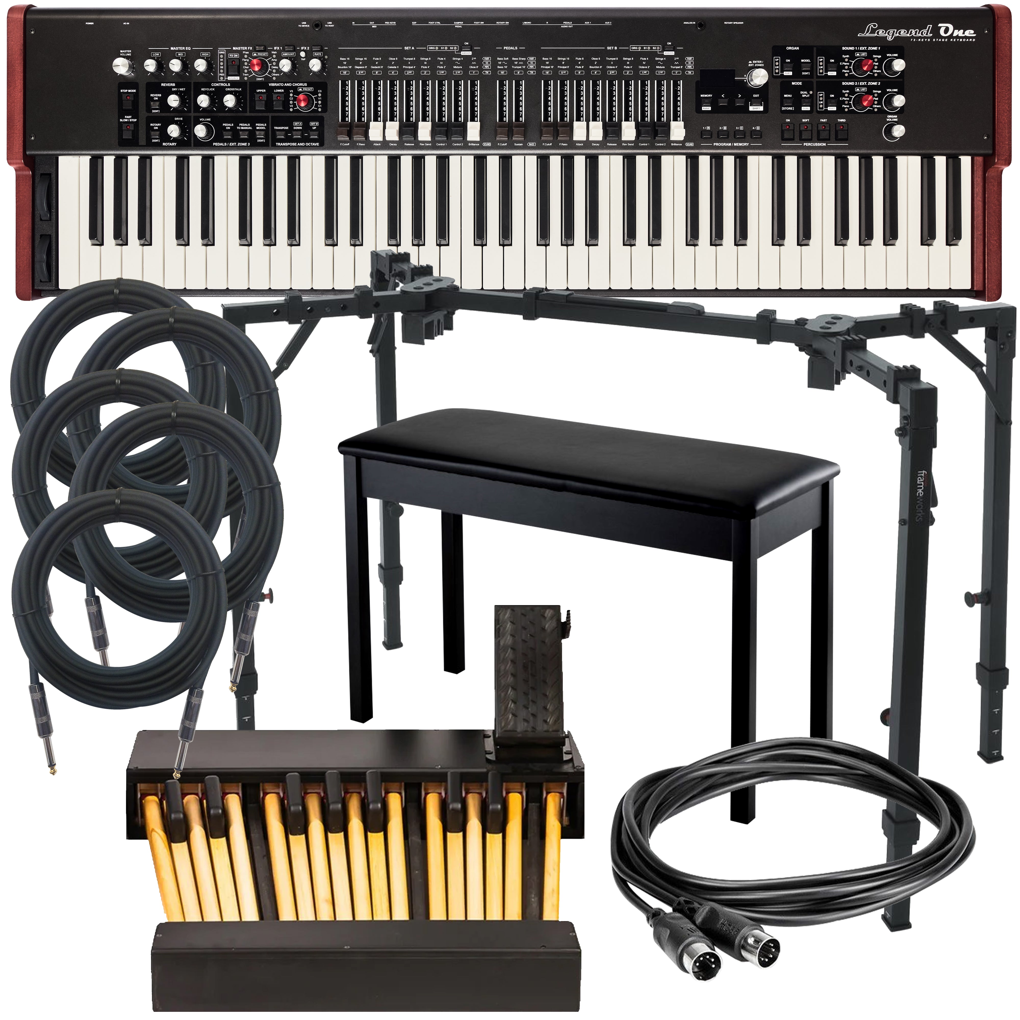 Collage of everything included in the Viscount Legend One 73 PEDAL ESSENTIALS BUNDLE