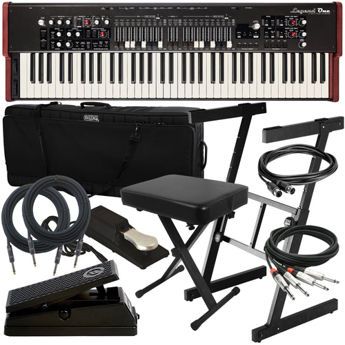 Collage of items included in the Viscount Legend One 73 Stage Keyboard STAGE ESSENTIALS BUNDLE