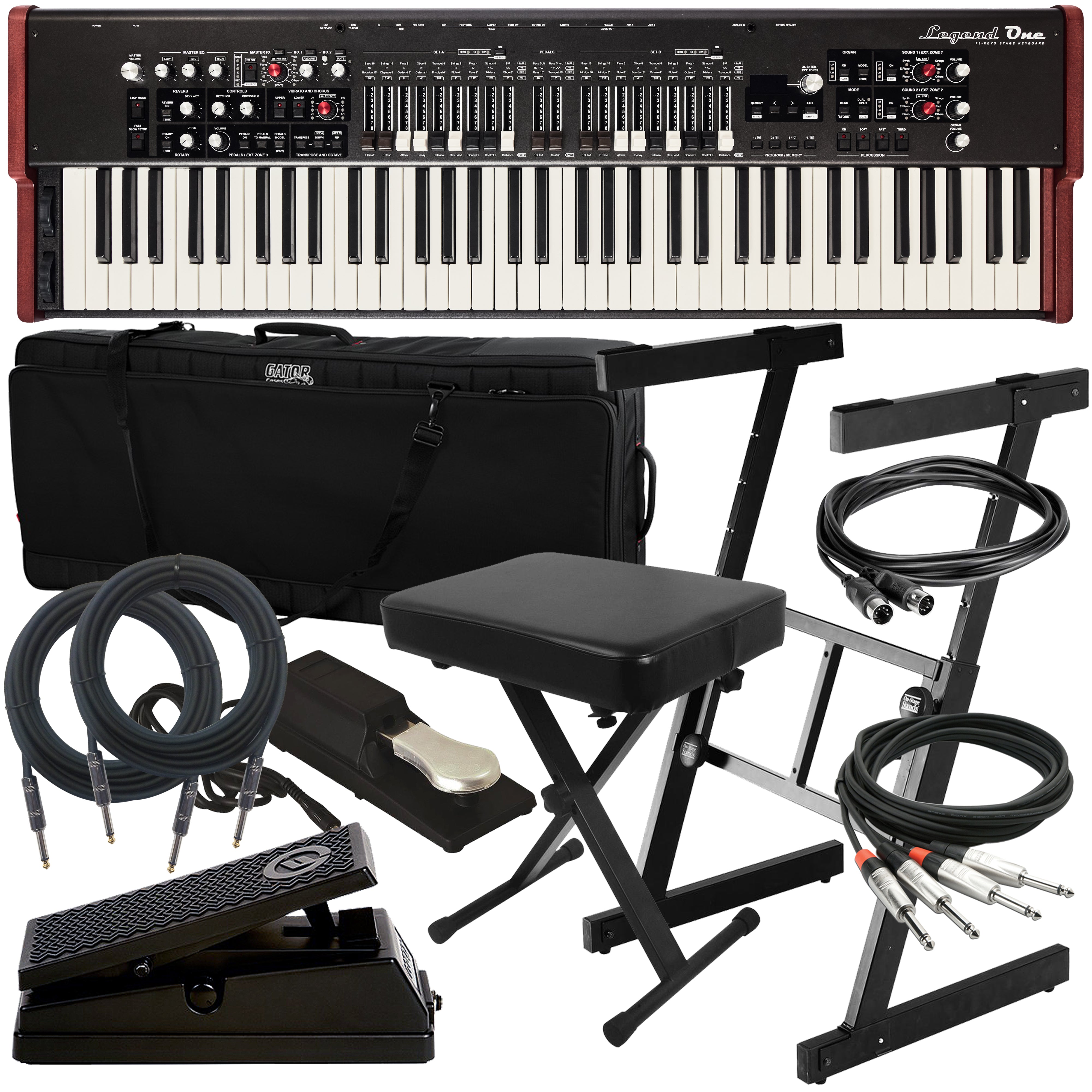 Collage of items included in the Viscount Legend One 73 Stage Keyboard STAGE ESSENTIALS BUNDLE