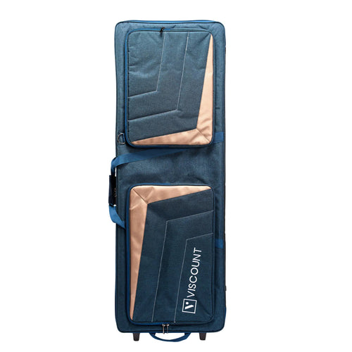 A tall, narrow blue instrument gig bag with two zippered pockets and a visible VISCOUNT logo on the lower pocket, shown on a plain white background.