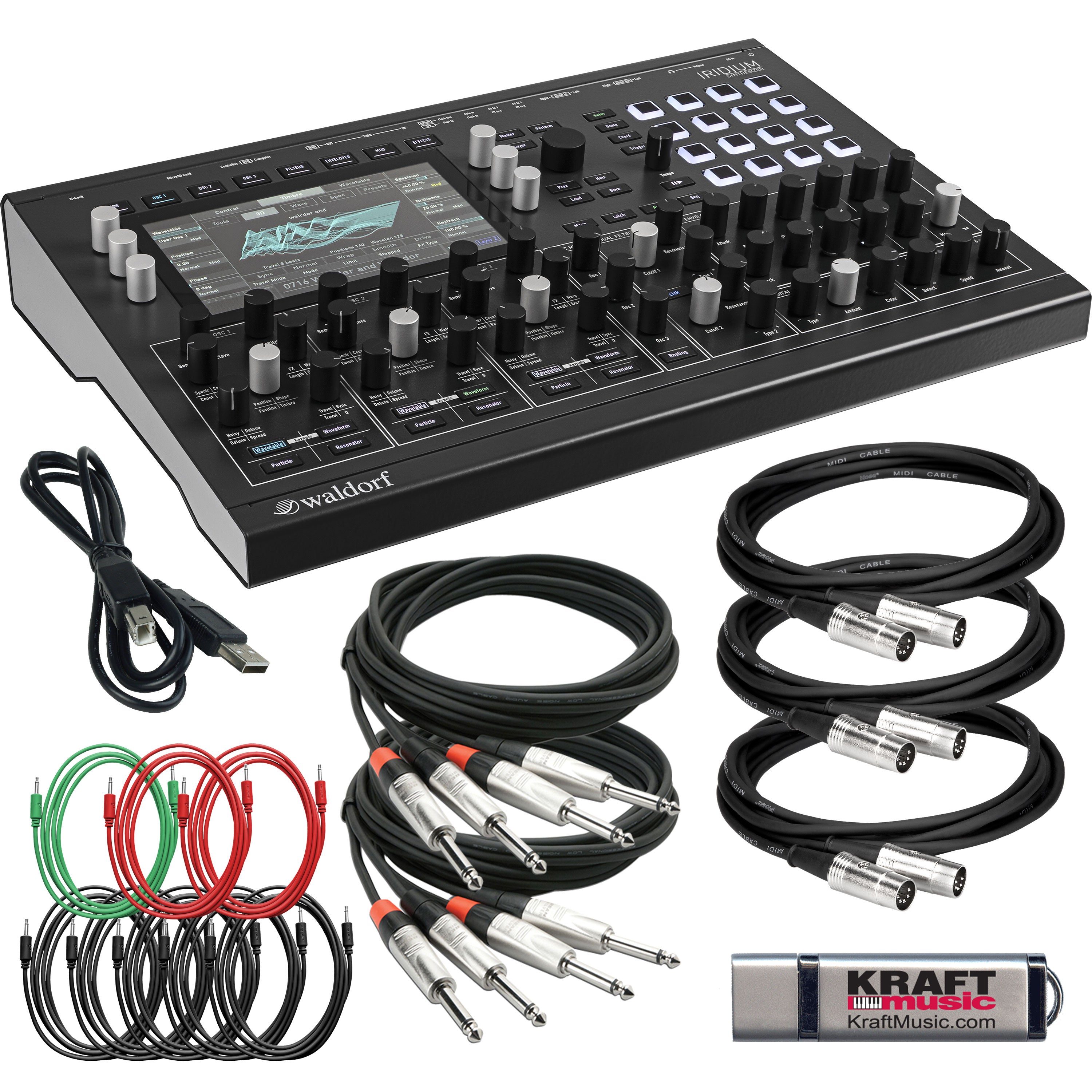 Collage showing components in Waldorf Iridium Digital Polyphonic Desktop Synthesizer CABLE KIT