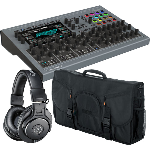 Collage showing components in Waldorf Iridium MK2 Digital Polyphonic Desktop Synthesizer TRAVEL KIT