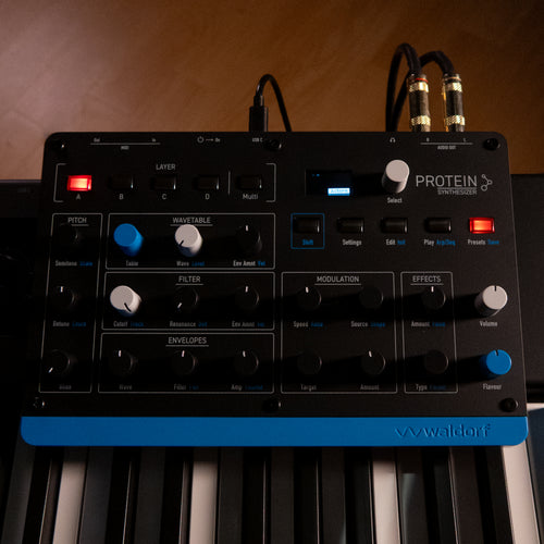 Top view of a Waldorf Protein 8-Voice Desktop Wavetable Synthesizer