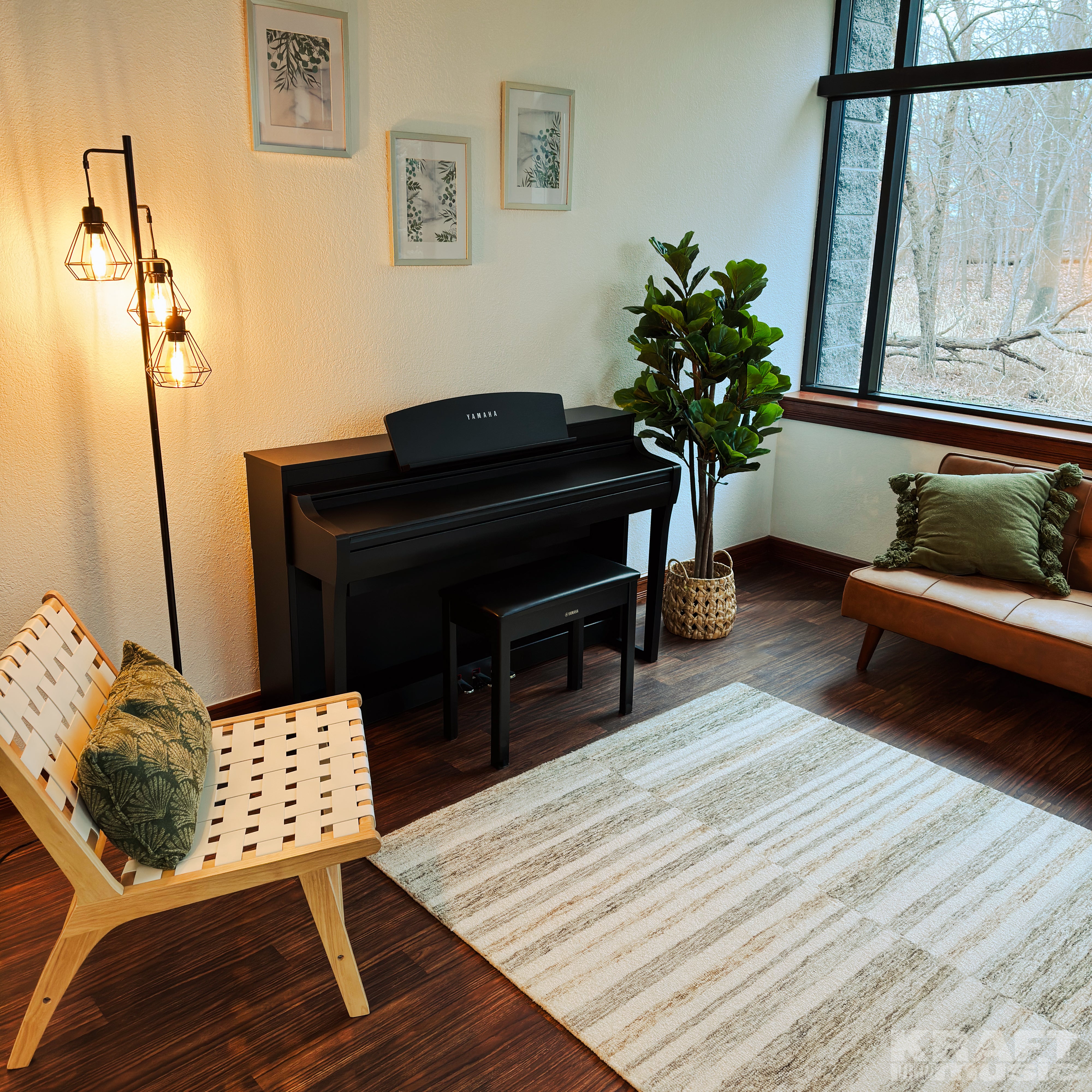 Yamaha Clavinova CSP-275 Digital Piano - Black Walnut - in a stylish living room with key cover closed