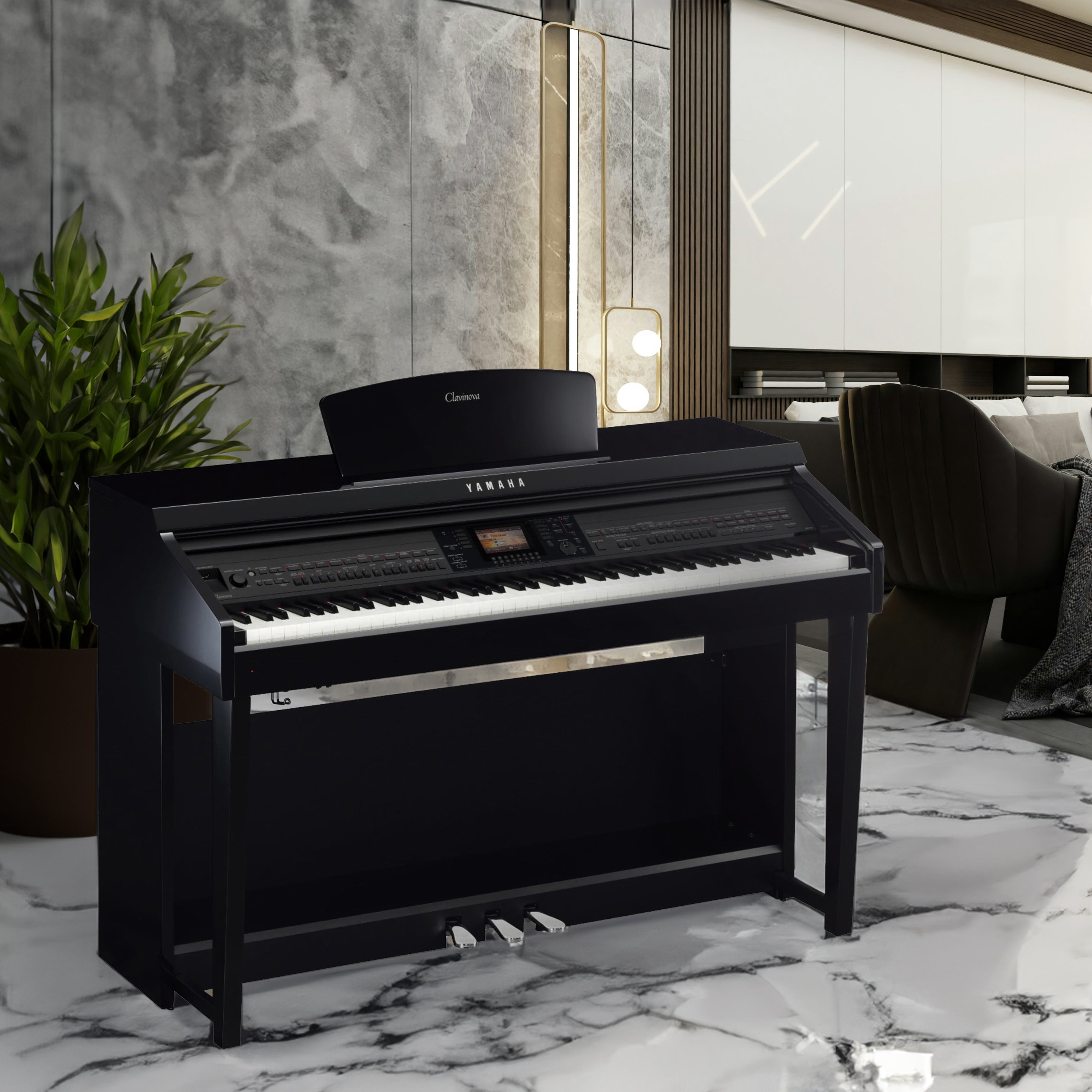 Yamaha Clavinova CVP-701 Digital Piano - Polished Ebony - in a modern living room