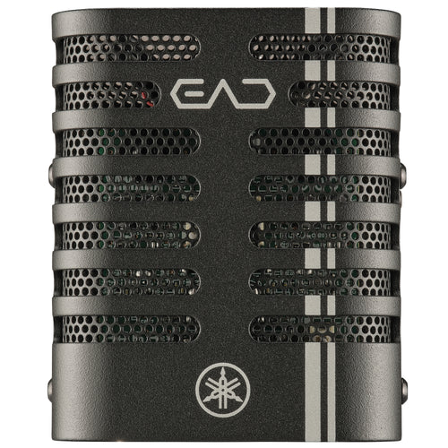 A Yamaha EAD wireless microphone with a textured dark gray finish, featuring multiple horizontal perforated grilles, white vertical accent stripes, the EAD logo at the top, and the Yamaha logo at the bottom, set against a plain white background.