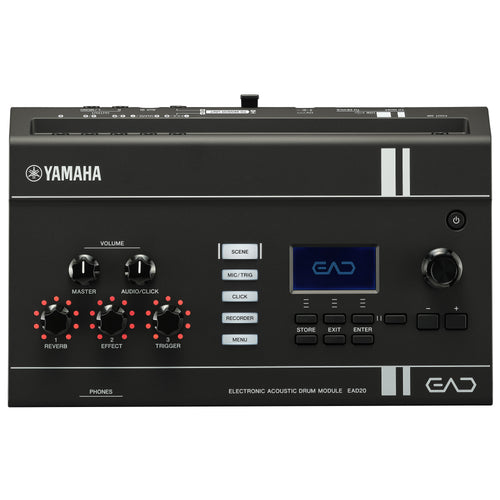 Yamaha EAD20 Electronic Acoustic Drum Module in black, featuring multiple control knobs, red LED indicator lights, a central blue-backlit display screen, and white branding on a clean white background. Top down perspective.