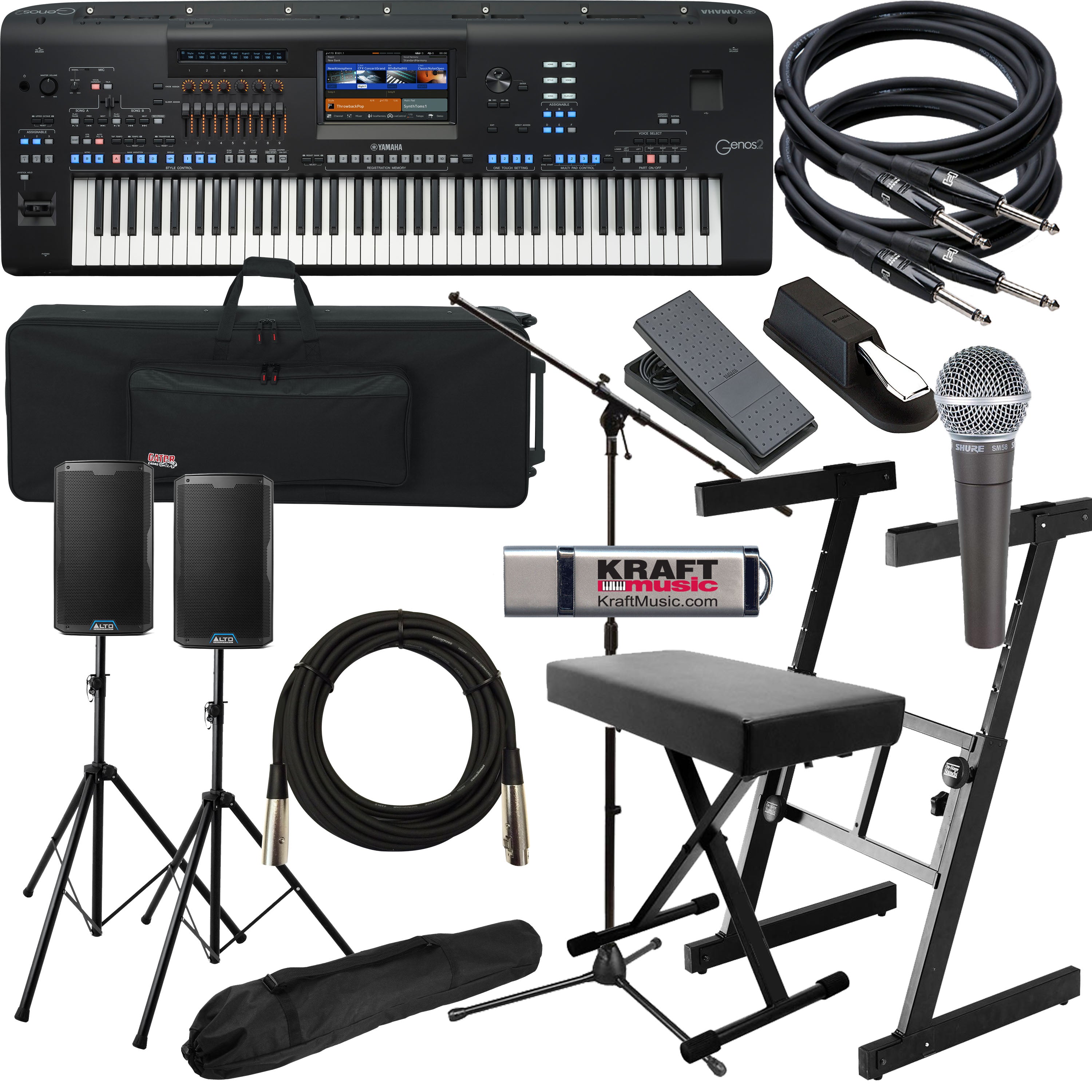 Collage image of the Yamaha Genos2 76-key Arranger Workstation Keyboard COMPLETE STAGE BUNDLE