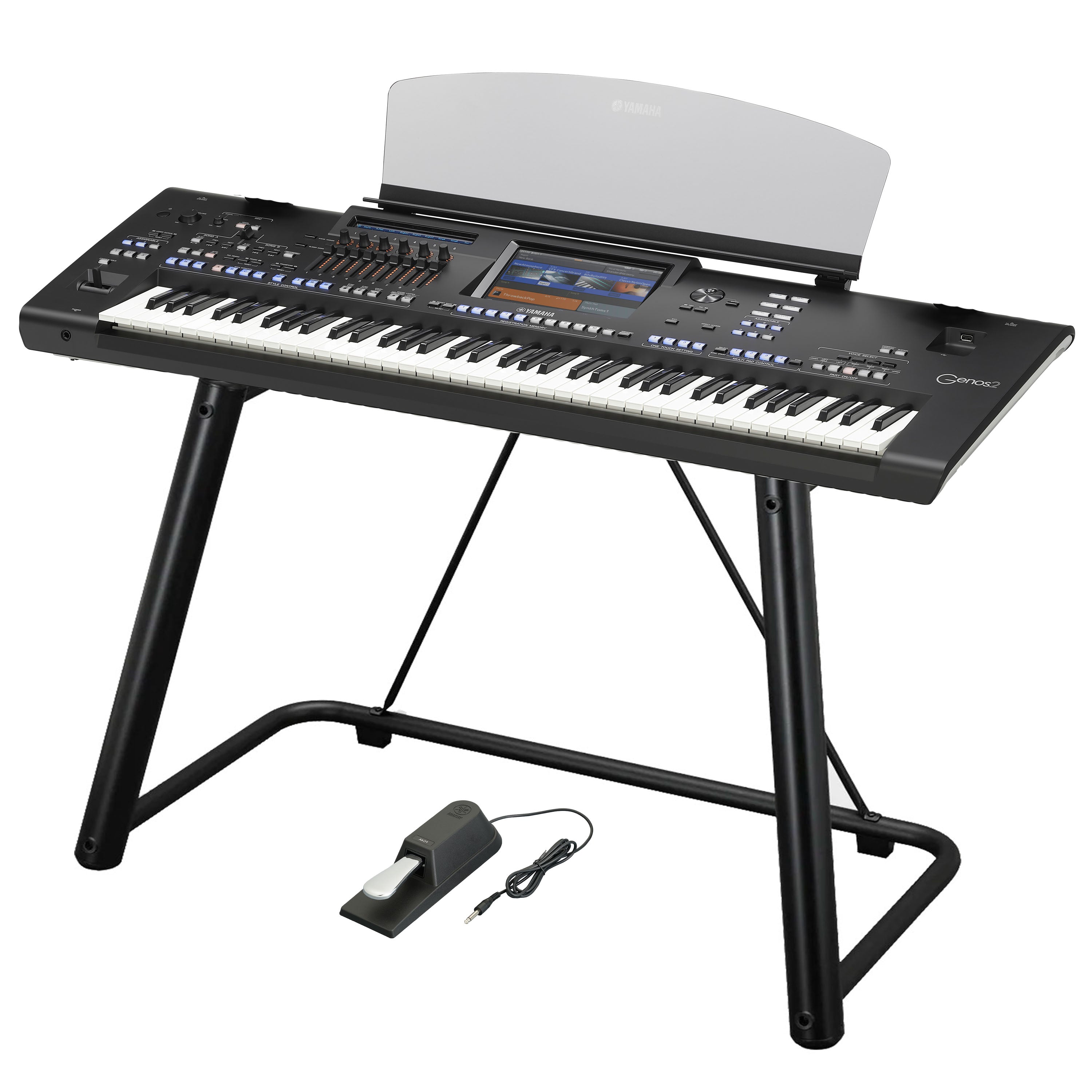 Collage image of the Yamaha Genos2 76-key Arranger Workstation Keyboard HOME ESSENTIALS BUNDLE