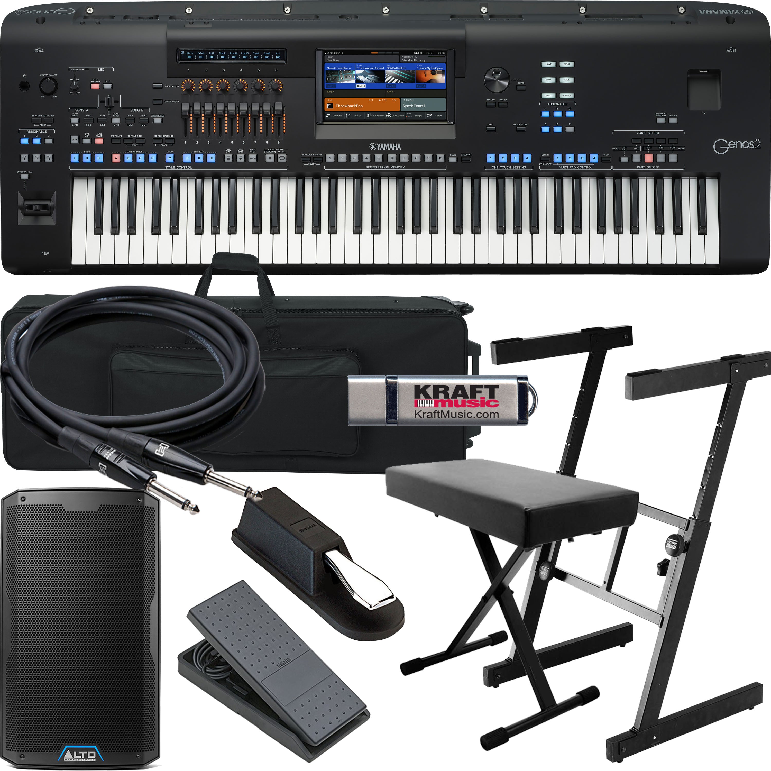 Collage image of the Yamaha Genos2 76-key Arranger Workstation Keyboard STAGE RIG