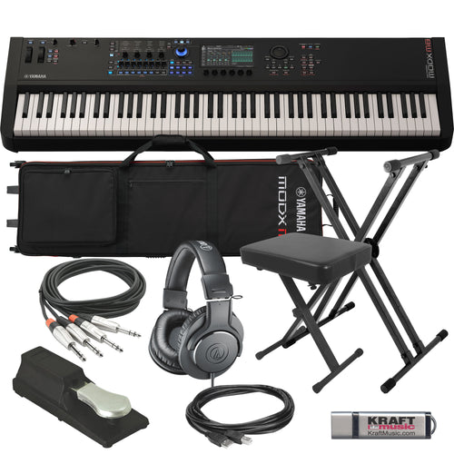 Collage showing components in Yamaha MODX M8 88-Key Music Synthesizer KEY ESSENTIALS BUNDLE