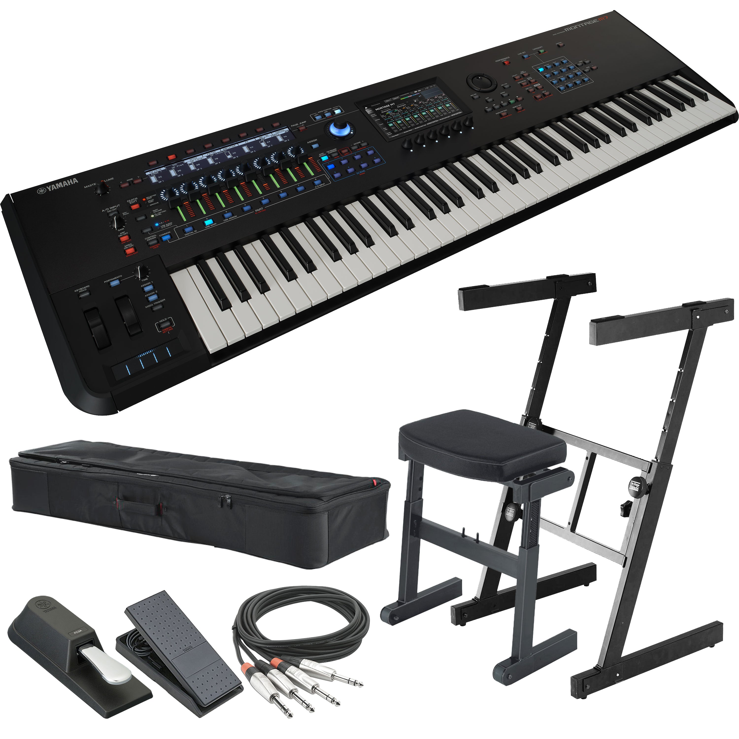 Collage showing components in Yamaha Montage M7 Synthesizer KEY ESSENTIALS BUNDLE