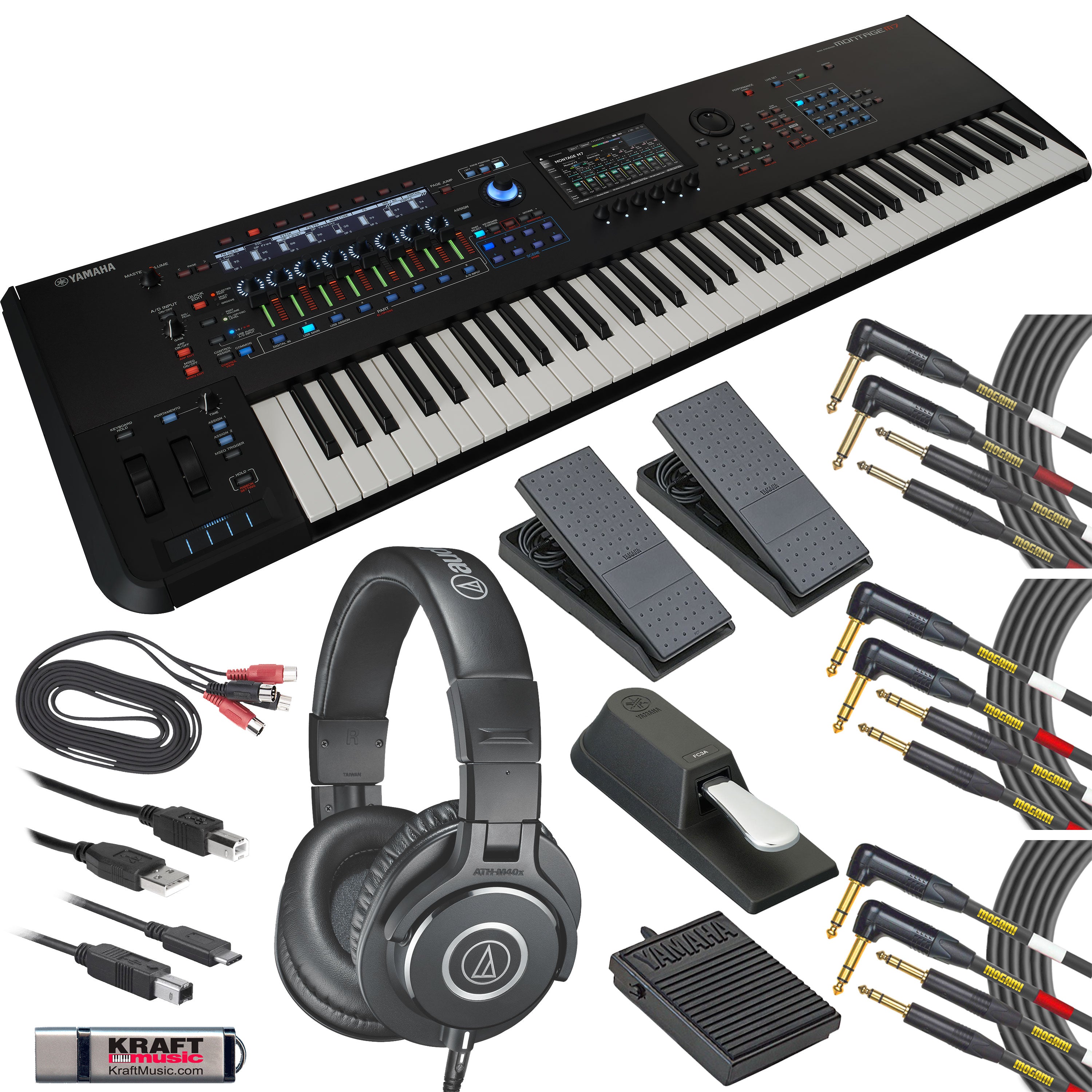 Collage showing components in Yamaha Montage M7 Synthesizer STUDIO KIT