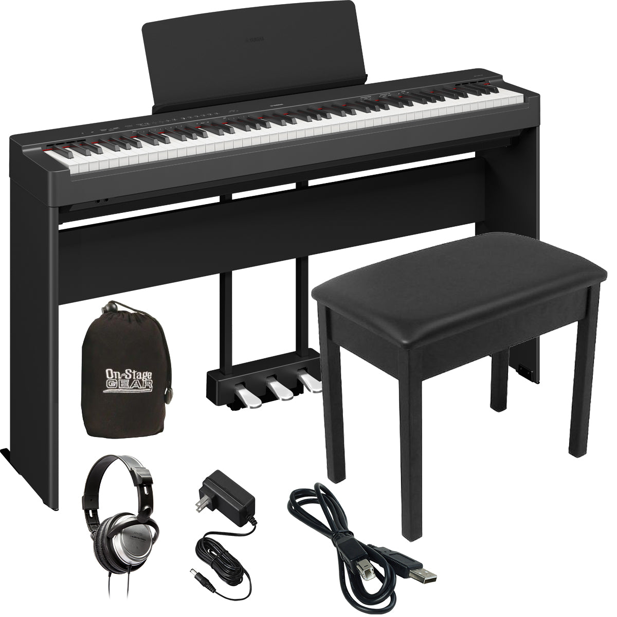 Yamaha P225BLB 88-Key Digital Piano Bundle with L200 Stand and BB1 Bench