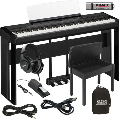 Collage image of the Yamaha P-525 Digital Piano - Black COMPLETE HOME BUNDLE