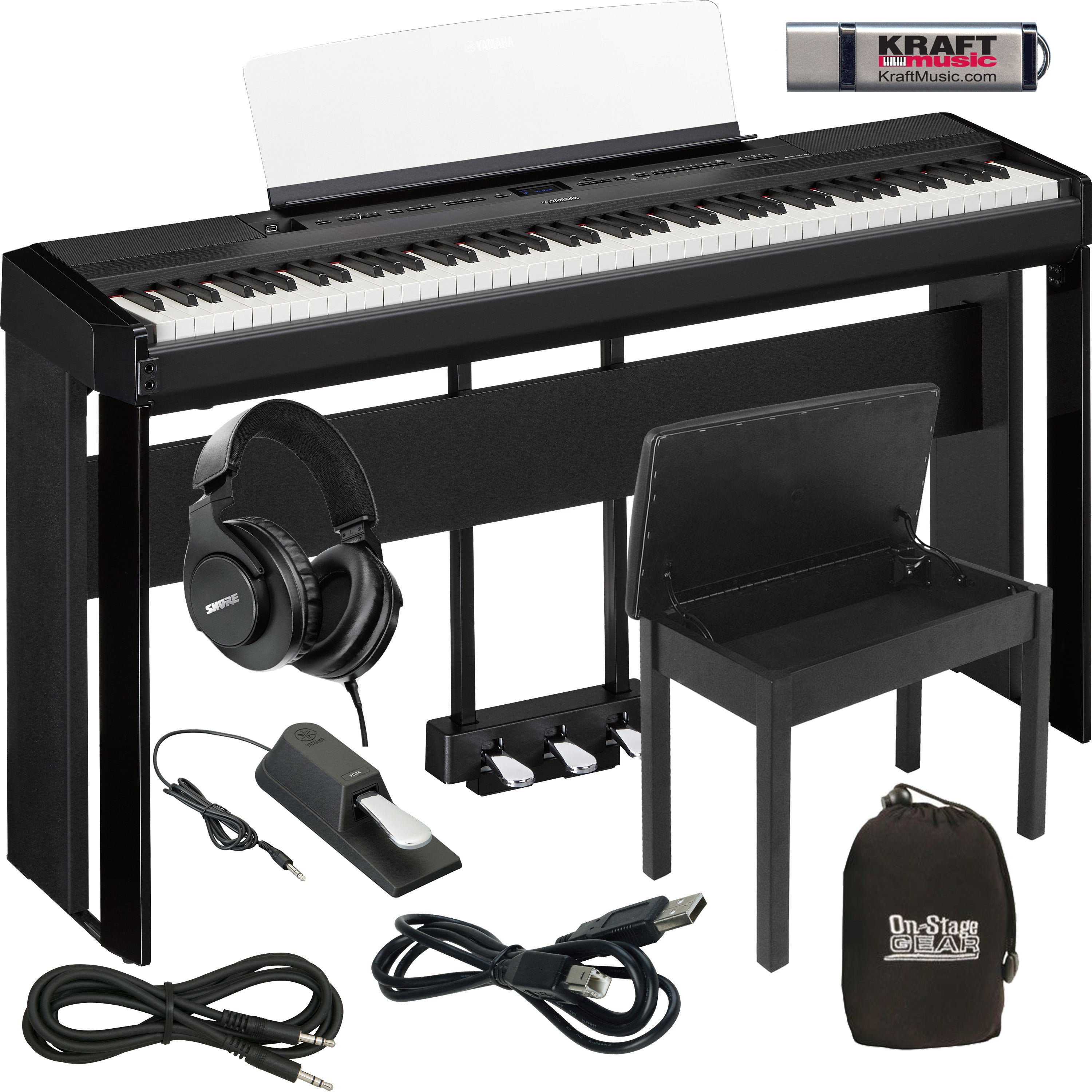 Collage image of the Yamaha P-525 Digital Piano - Black COMPLETE HOME BUNDLE