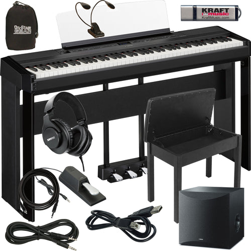 Collage image of the Yamaha P-525 Digital Piano - Black COMPLETE HOME BUNDLE PLUS