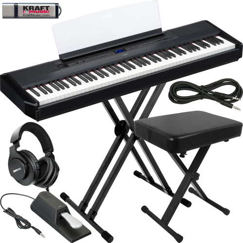 Collage image of the Yamaha P-525 Digital Piano - Black KEY ESSENTIALS BUNDLE