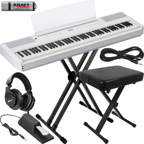 Collage image of the Yamaha P-525 Digital Piano - White KEY ESSENTIALS BUNDLE