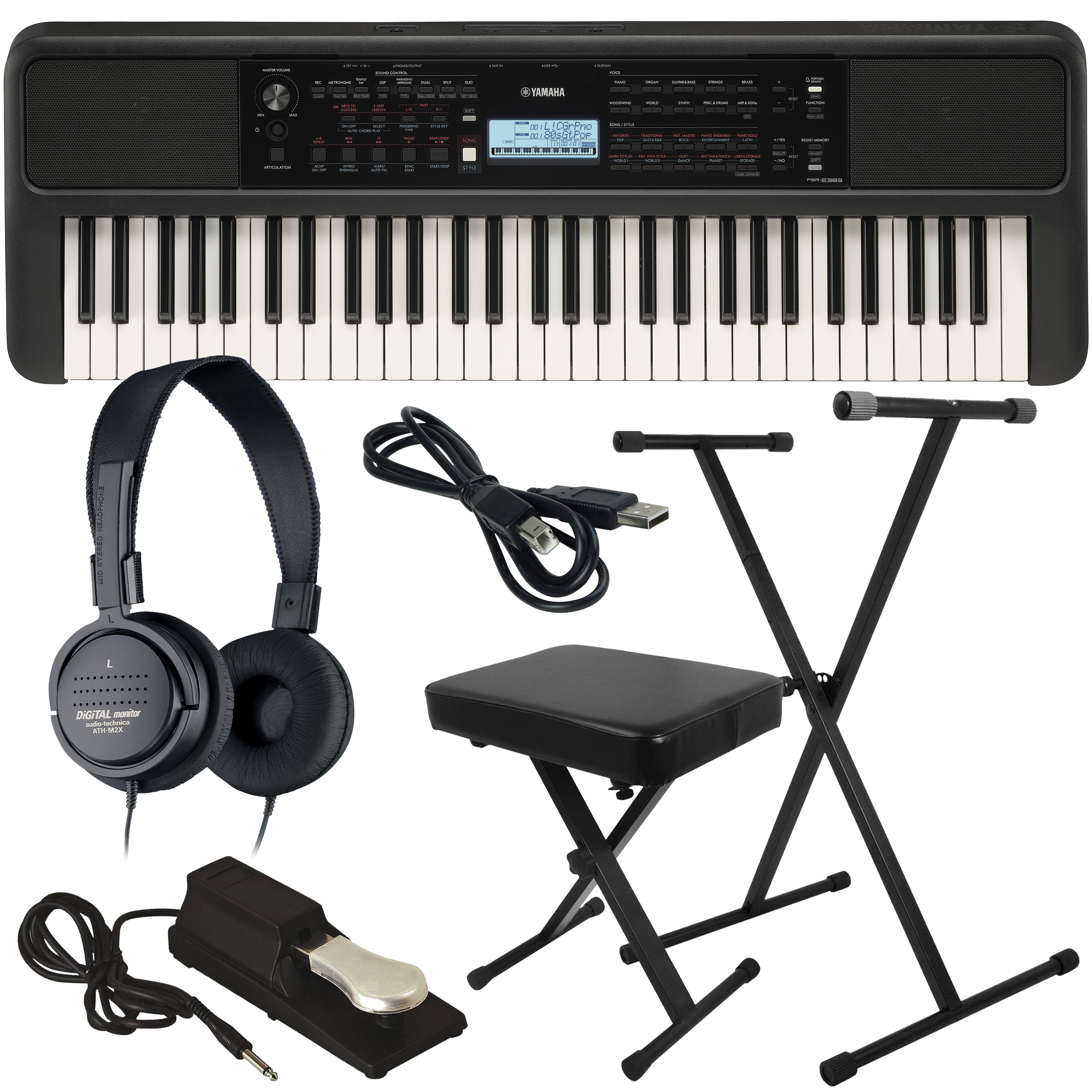 Yamaha PSR-E383 Portable Keyboard with Power Adapter COMPLETE HOME BUNDLE