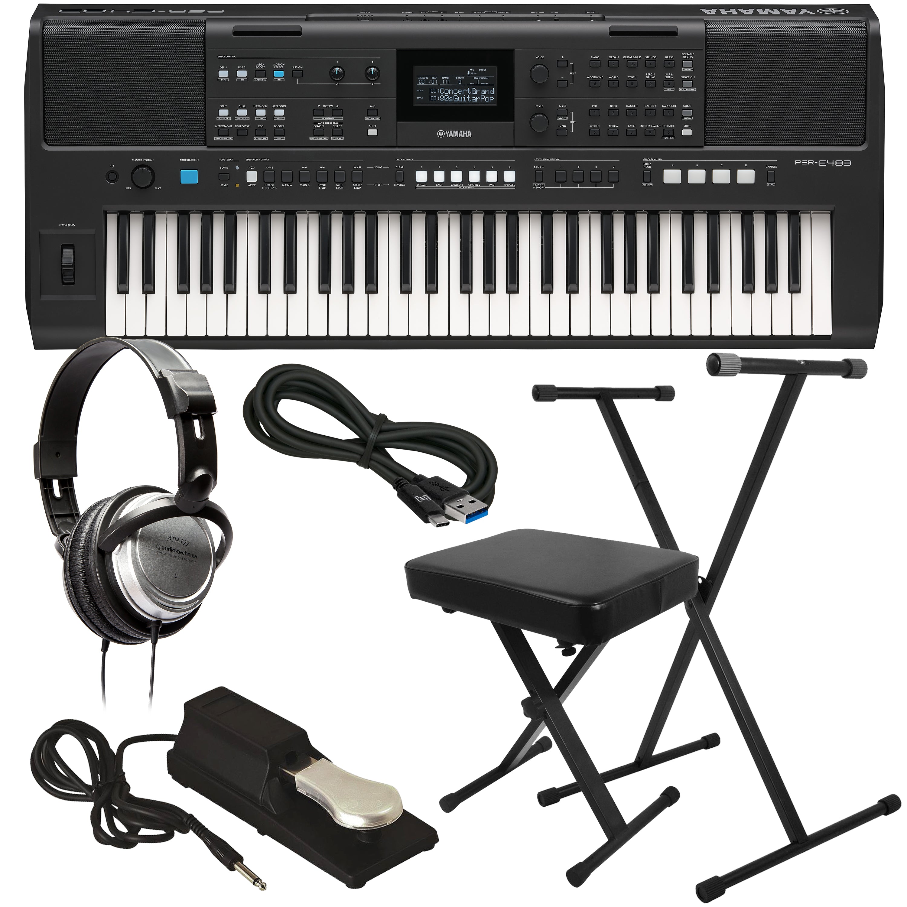 Yamaha PSRE483 61-Note Portable Keyboard KEY ESSENTIALS BUNDLE