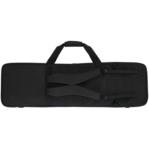 Back view: Back of Yamaha SCDE76 soft case showing padded backpack straps with adjustable buckles and clips