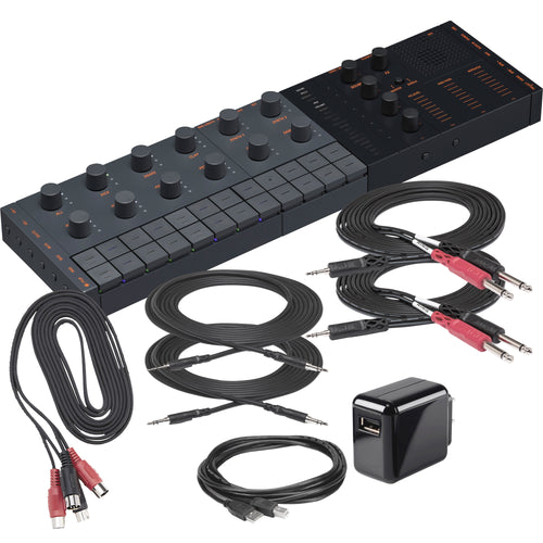 Collage showing components in Yamaha Seqtrak Mobile Music Ideastation - Black/Gray POWER & CABLE KIT