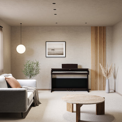 Modern living room with a piano, sofa, and decor elements.