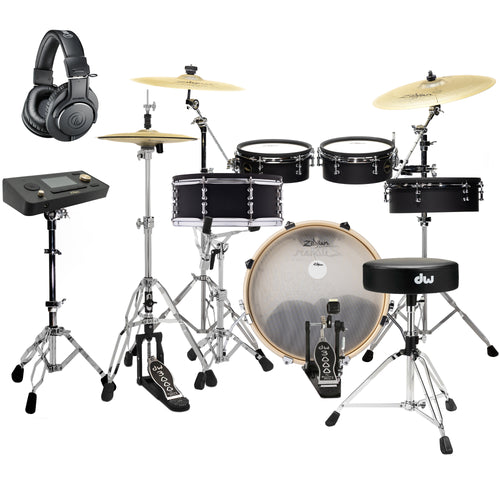 Collage of the Zildjian ALCHEM-E Bronze EX Electronic Drum Kit DRUM ESSENTIALS BUNDLE
